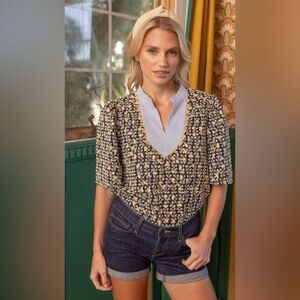 Voy Floral Embroidered Striped Color Block Top